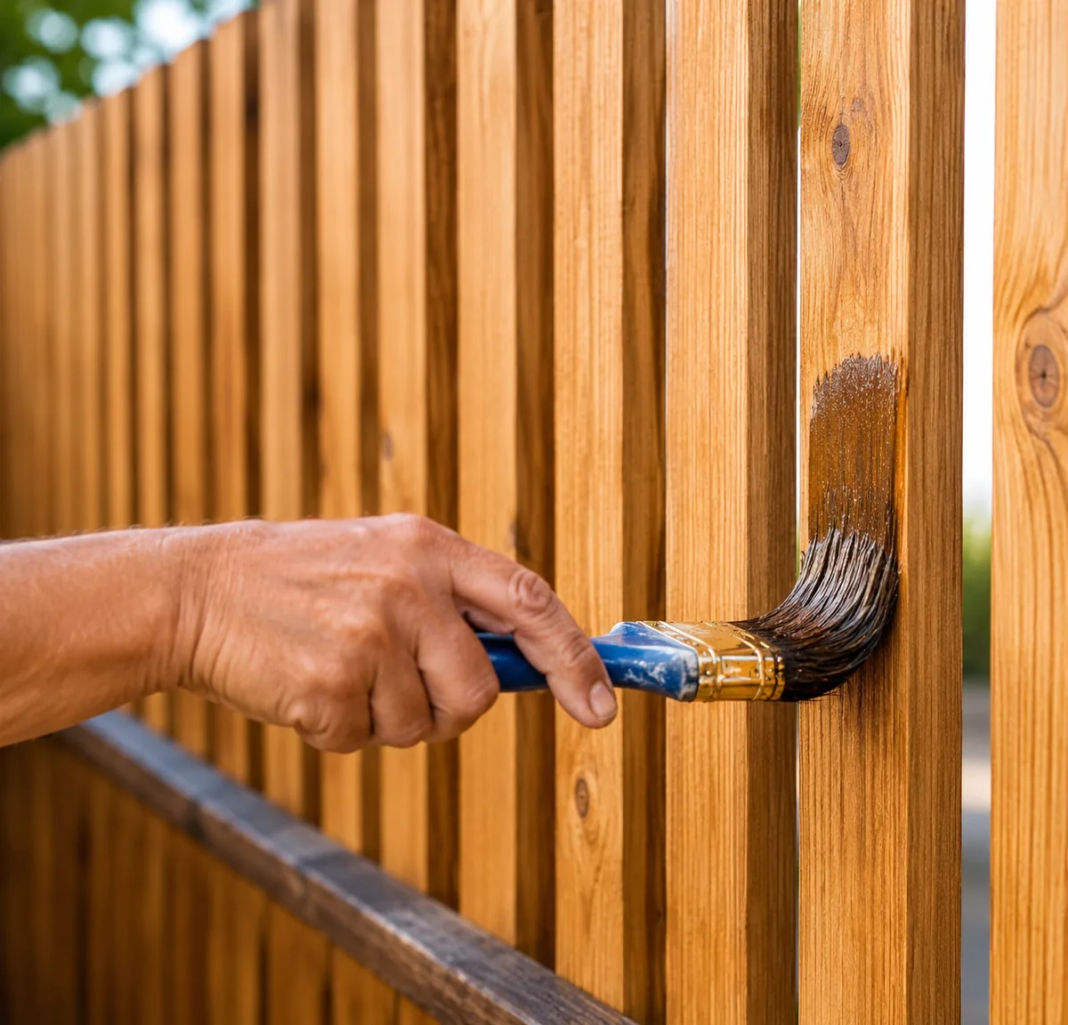 Staining a wooden fence with a brush in Middle Tennessee